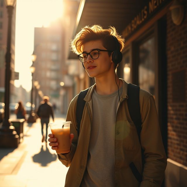 Someone walking a sunny city sidewalk with an iced coffee, phone in pocket